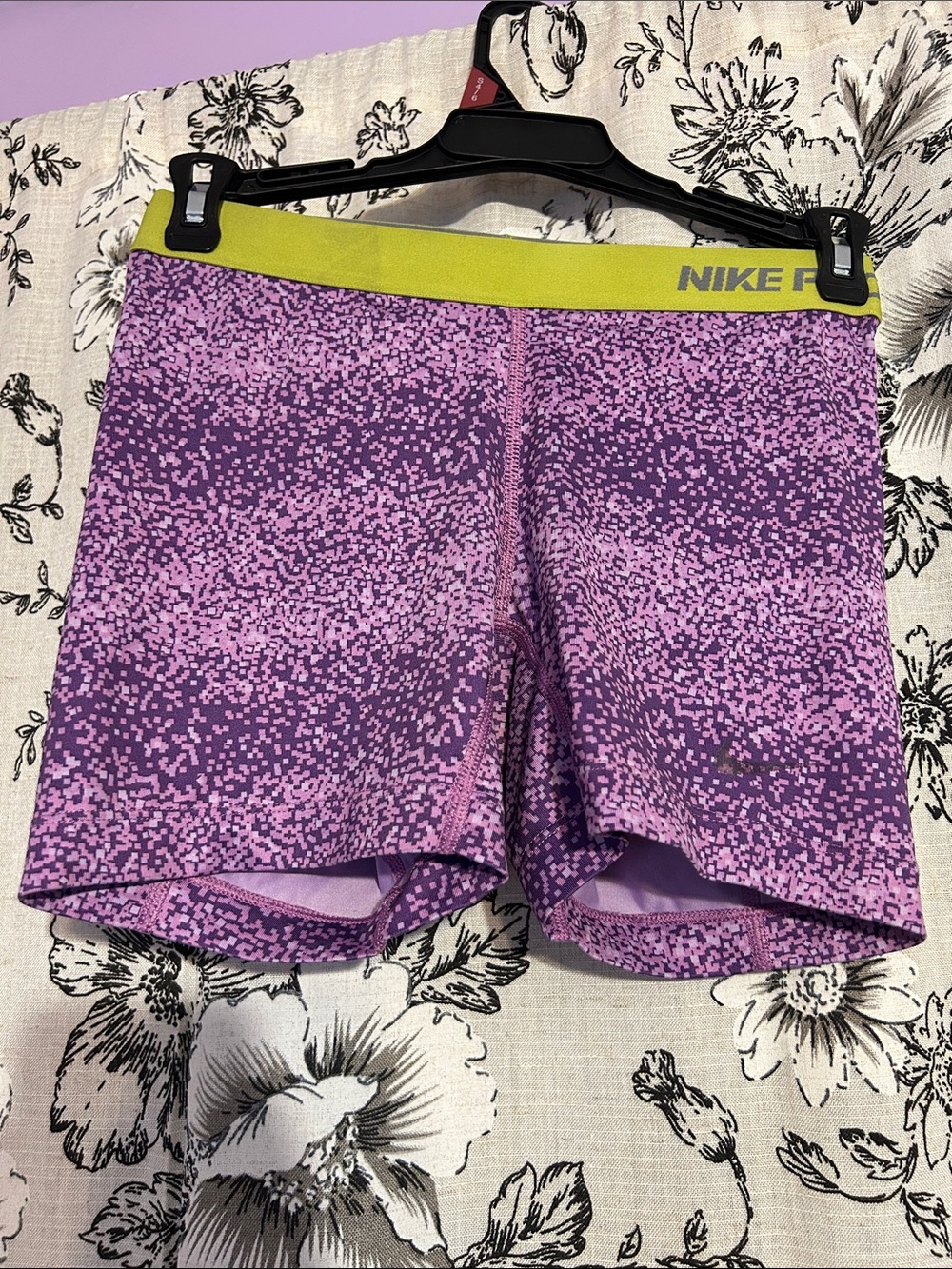 Nike Womens Purple Pixel Print Leggings with green Waistband